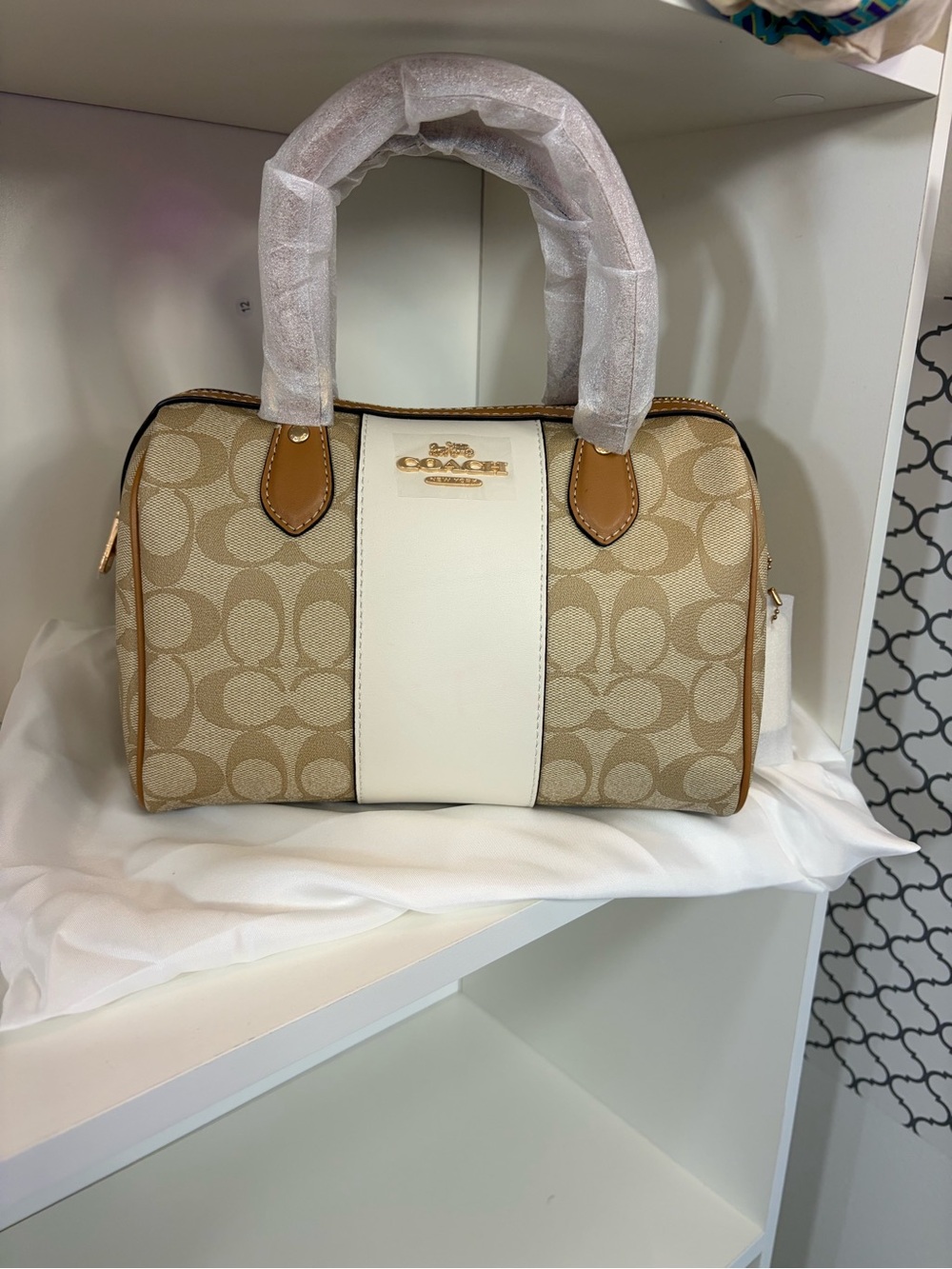 Coach Khaki Signature Canvas Satchel with Chalk Center Stripe